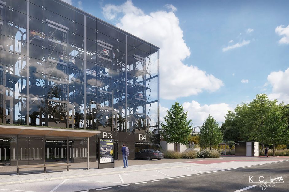 Fotorealistyczna wizualizacja architektoniczna projektu miejskiego wielopoziomowego parkingu samochodowego, zaprojektowanego w stylu nowoczesnym, o widocznej stalowej konstrukcji z wykorzystaniem szkła, zlokalizowanego w okolicy przystanku autobusowego