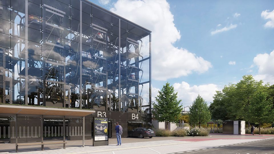 Fotorealistyczna wizualizacja architektoniczna projektu miejskiego wielopoziomowego parkingu samochodowego, zaprojektowanego w stylu nowoczesnym, o widocznej stalowej konstrukcji z wykorzystaniem szkła, zlokalizowanego w okolicy przystanku autobusowego