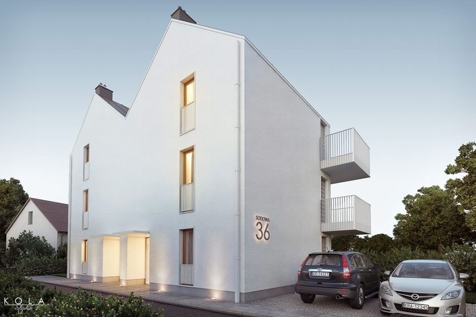 Wizualizacja 3d kameralnego budynku mieszkalnego wielorodzinnego, pokazanego od strony ulicy.