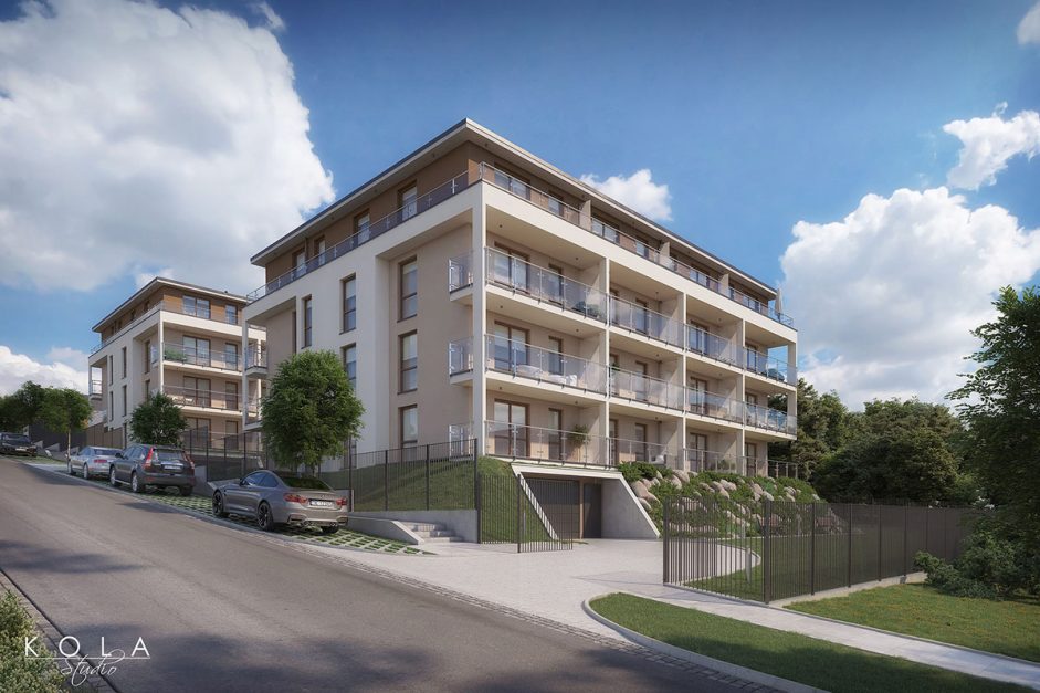 Fotorealistyczna wizualizacja kameralnego osiedla budynków wielorodzinnych na nowo planowanym osiedlu mieszkaniowym w Kielcach.