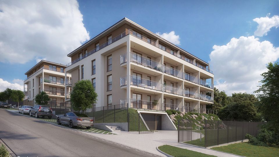 Fotorealistyczna wizualizacja kameralnego osiedla budynków wielorodzinnych na nowo planowanym osiedlu mieszkaniowym w Kielcach.