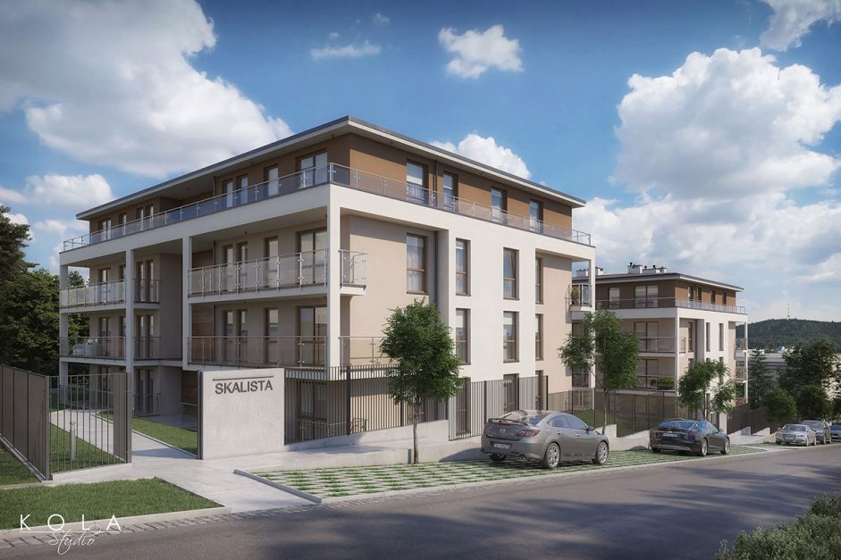 Fotorealistyczna wizualizacja 3d dwóch nowych czteropiętrowych budynków wielorodzinnych na nowo planowanym osiedlu mieszkaniowym w Kielcach.