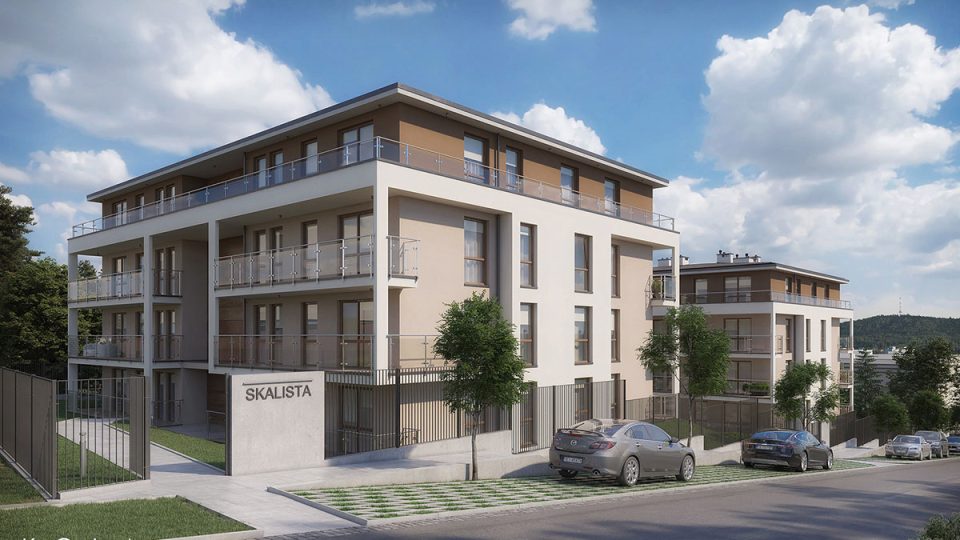 Fotorealistyczna wizualizacja 3d dwóch nowych czteropiętrowych budynków wielorodzinnych na nowo planowanym osiedlu mieszkaniowym w Kielcach.
