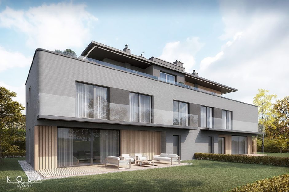 Wizualizacja nowoczesnego budynku wielorodzinnego w zabudowie bliźniaczej, w widoku od strony ogródków.