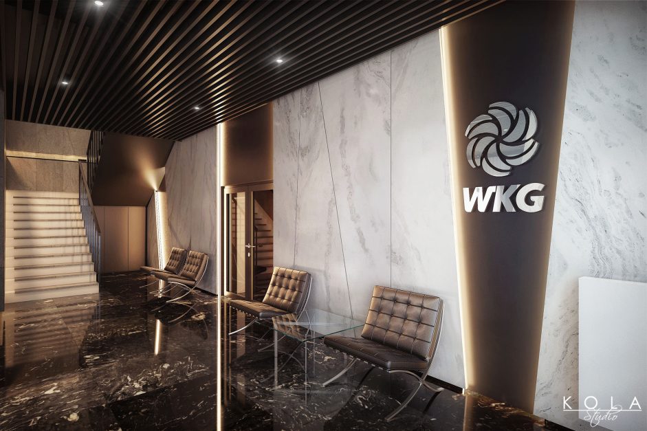 Wizualizacja projektu wnętrz strefy lobby siedziby firmy