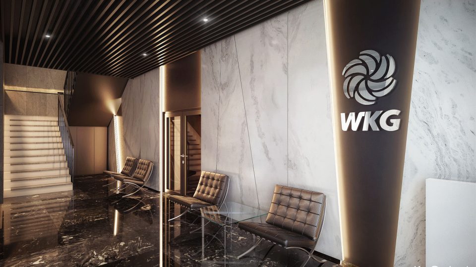 Wizualizacja projektu wnętrz strefy lobby siedziby firmy