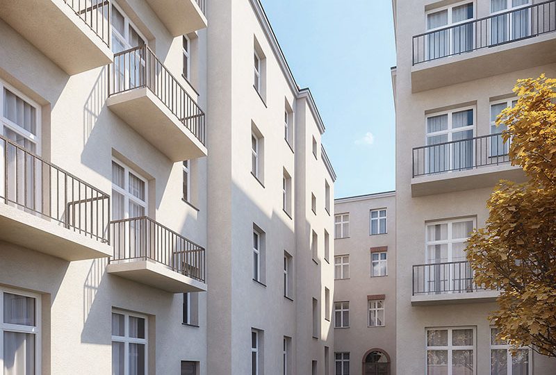 Fotorealistyczna wizualizacja 3d elewacji kamienic w centrum miasta, w widoku od strony podwórza.