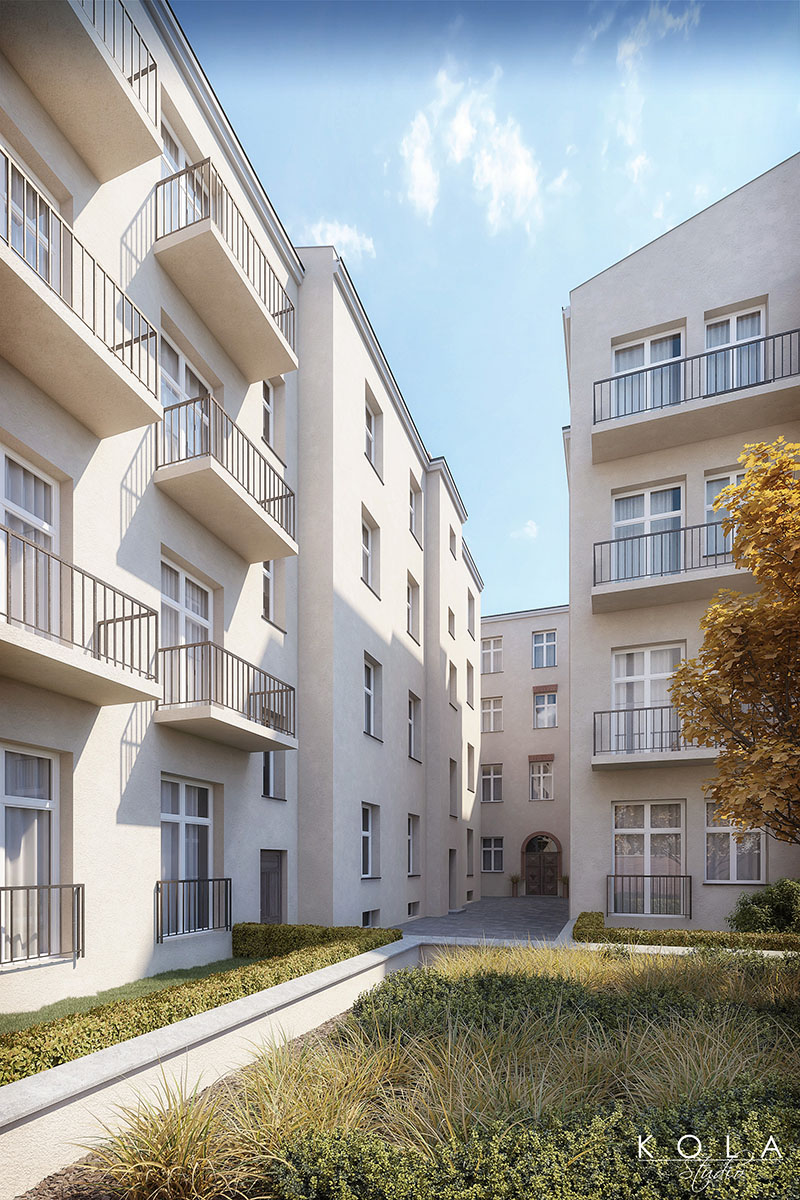 Fotorealistyczna wizualizacja 3d elewacji kamienic w centrum miasta, w widoku od strony podwórza.