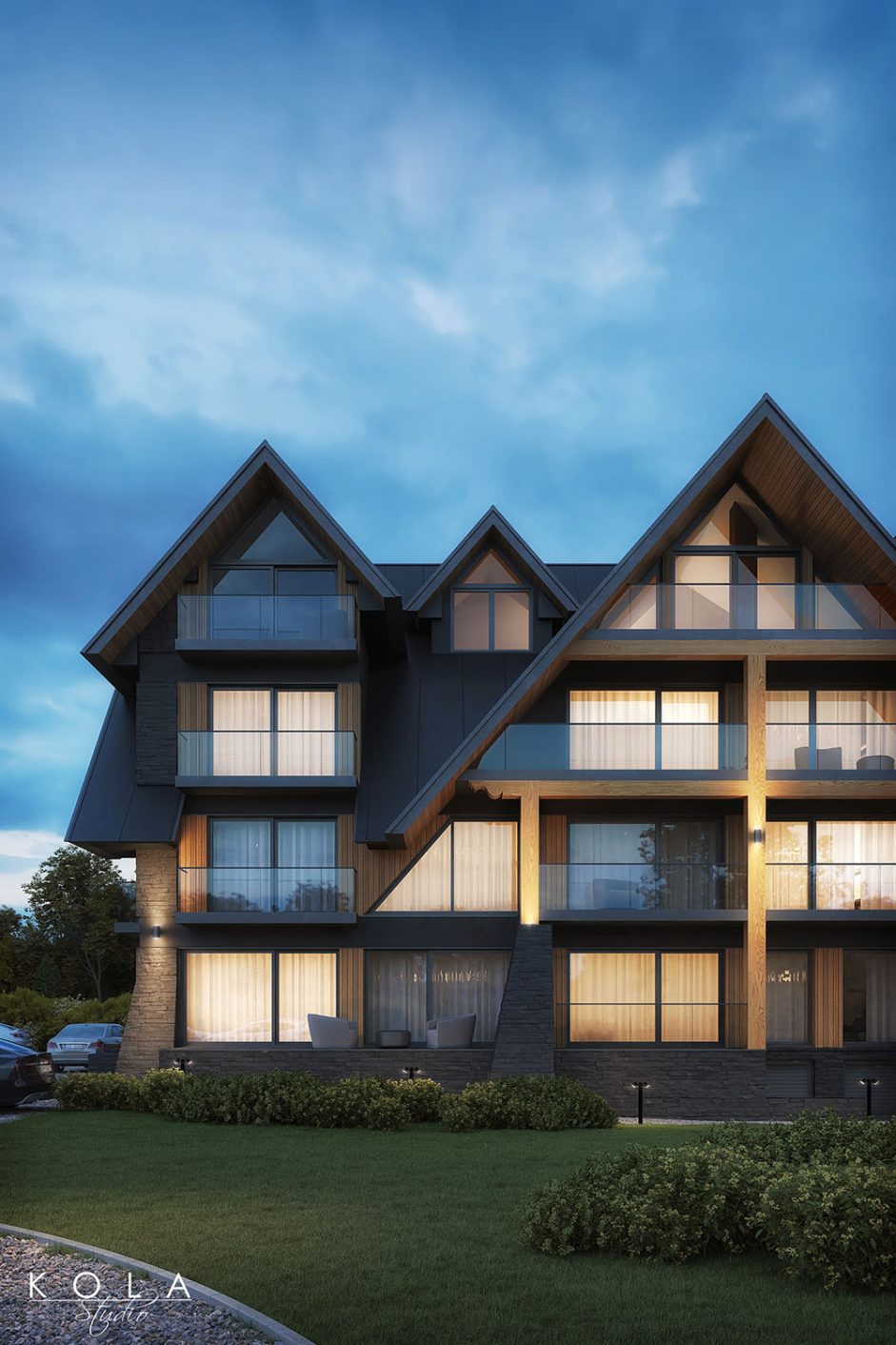 Wizualizacja wieczorna hotelu zaprojektowanego w stylu inspirowanym tradycyjnym zakopiańskim stylem