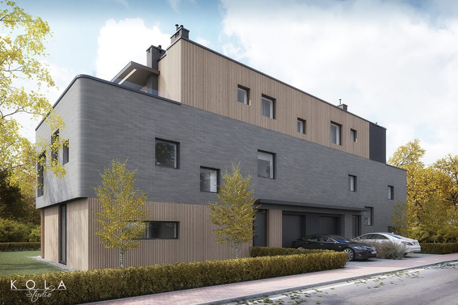 Wizualizacja nowoczesnego, miejskiego budynku wielorodzinnego typu bliźniak, w widoku od strony ulicy.