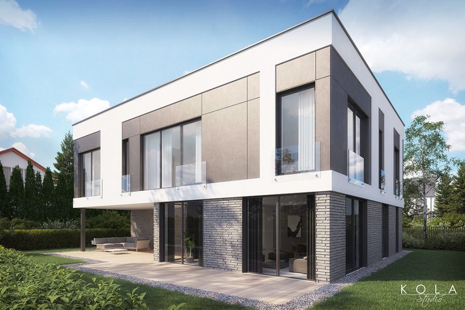 Wizualizacja 3d projektu nowoczesnej miejskiej willi jednorodzinnej, pokazanej od strony ogrodu