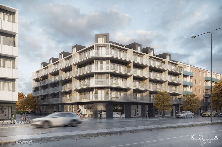 Wizualizacja architektoniczna prestiżowej nieruchomości - nowoczesnej kamienicy w centrum miasta, pokazanej w porannym świetle, jesienna porą.