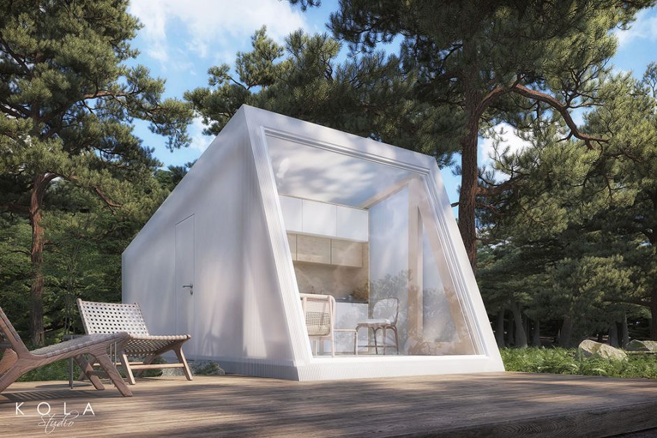 Wizualizacja projekt architektonicznego prefabrykowanego domku letniskowego z półprzezroczystymi ścianami z płyt poliwęglanowych