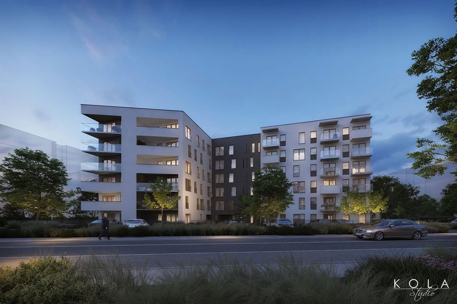 Fotorealistyczna, klimatyczna wizualizacja nowoczesnego apartamentowca, pokazanego w wieczornym świetle, promująca nową inwestycję deweloperską