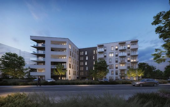 Fotorealistyczna, klimatyczna wizualizacja nowoczesnego apartamentowca, pokazanego w wieczornym świetle, promująca nową inwestycję mieszkaniową