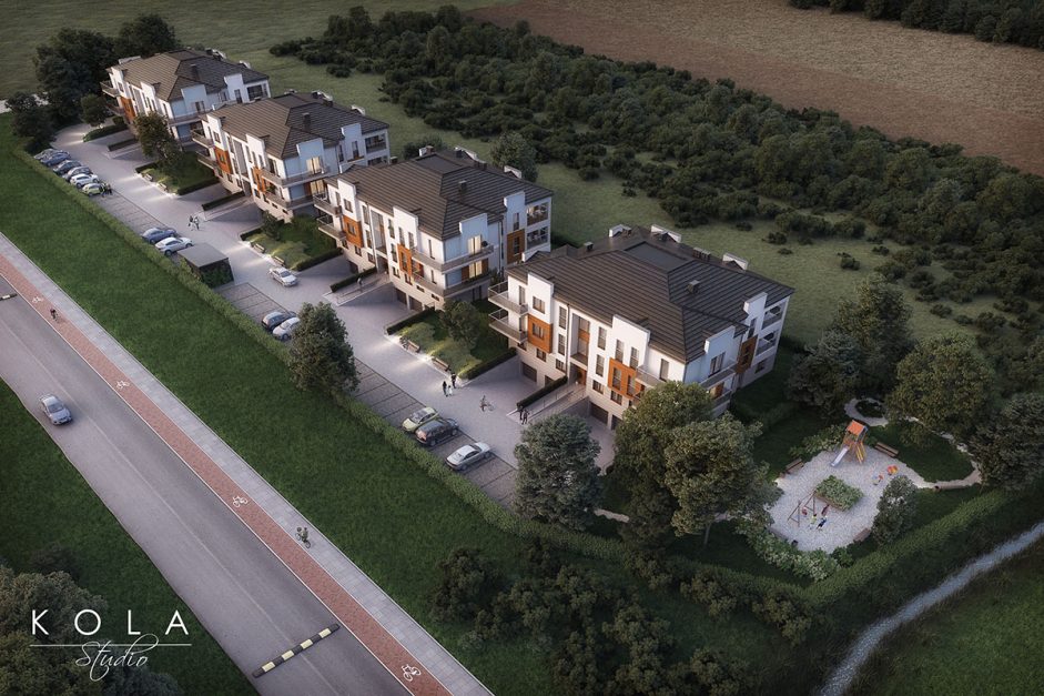 Wizualizacja planowanej inwestycji mieszkaniowej pokazanej z lotu ptaka.