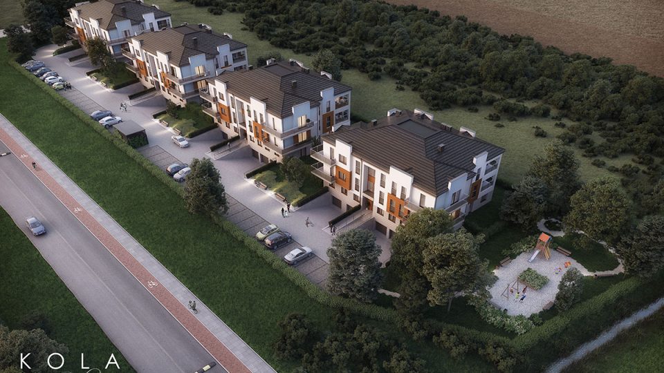 Wizualizacja planowanej inwestycji mieszkaniowej pokazanej z lotu ptaka.