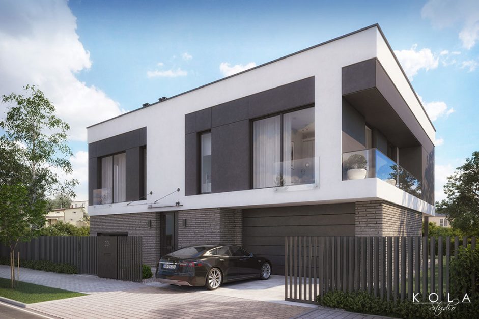Wizualizacja 3d projektu nowoczesnej miejskiej willi jednorodzinnej, pokazanej od strony wjazdu