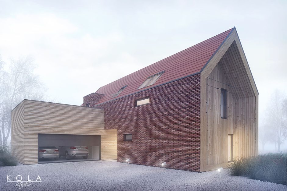 Artystyczna wizualizacja 3d minimalistycznego domu jednorodzinnego typu nowoczesna stodoła, o prostej bryłowej formie, wykończonego cegłą i drewnem, pokazanego w klimatycznym jesiennym otoczeniu.