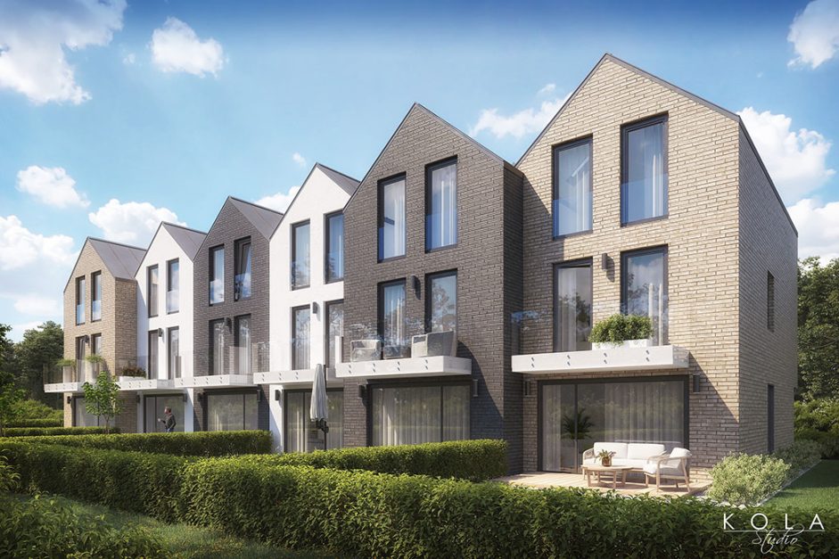Wizualizacja architektury wielorodzinnej szeregowej, zaprojektowanej w stylu holenderskim, w widoku od strony ogródków.