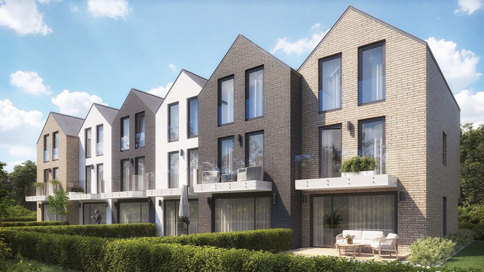 Wizualizacja architektury wielorodzinnej szeregowej, zaprojektowanej w stylu holenderskim, w widoku od strony ogródków.