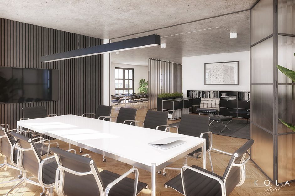 Wizualizacja wnętrza biurowego zaprojektowanego w stylu nowoczesnym industrialnym z betonowym sufitem i eleganckimi meblami wysokiej jakości.