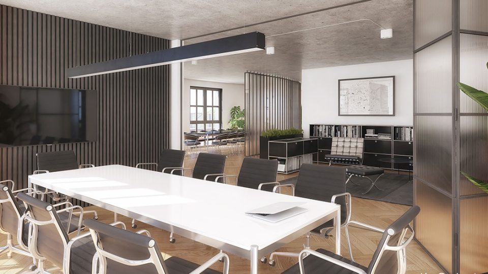 Wizualizacja wnętrza biurowego zaprojektowanego w stylu nowoczesnym industrialnym z betonowym sufitem i eleganckimi meblami wysokiej jakości.