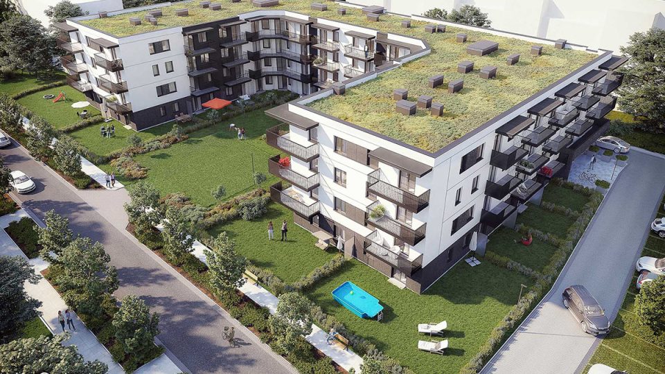 Wizualizacja z lotu ptaka budynku mieszkalnego wielorodzinnego z ogródkami, ekologicznym zielonym dachem i ścieżką rowerową.