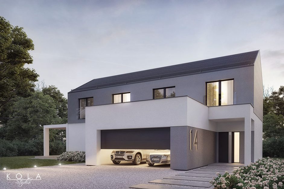 Wizualizacja projektu nowoczesnego minimalistycznego podmiejskiego domu jednorodzinnego