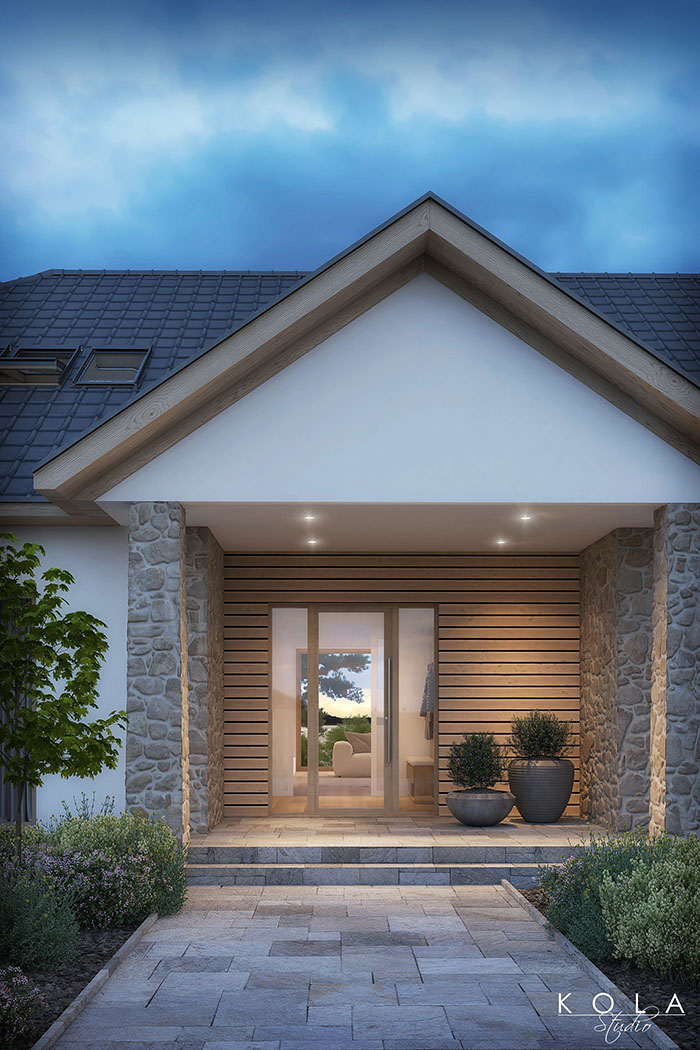 Fotorealistyczna wizualizacja ganku luksusowej mazurskiej rezydencji, zaprojektowanej w tradycyjnym polskim stylu, wykończonej naturalnym kamieniem i drewnem