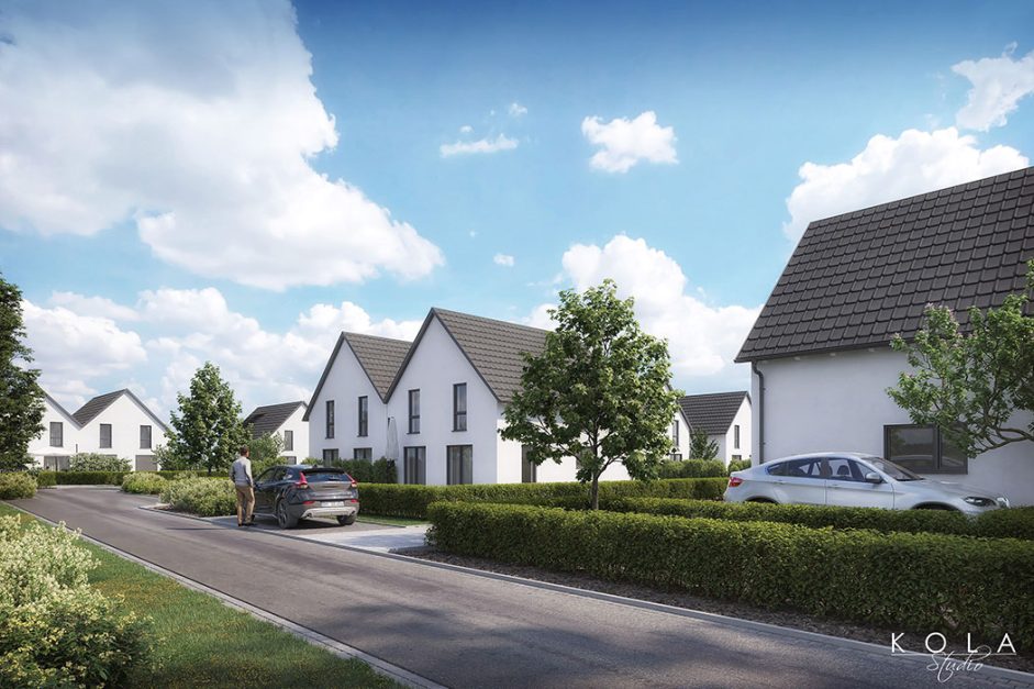 Wizualizacja podmiejskiego osiedla domów jednorodzinnych w zabudowie bliźniaczej, w widoku od strony ulicy.