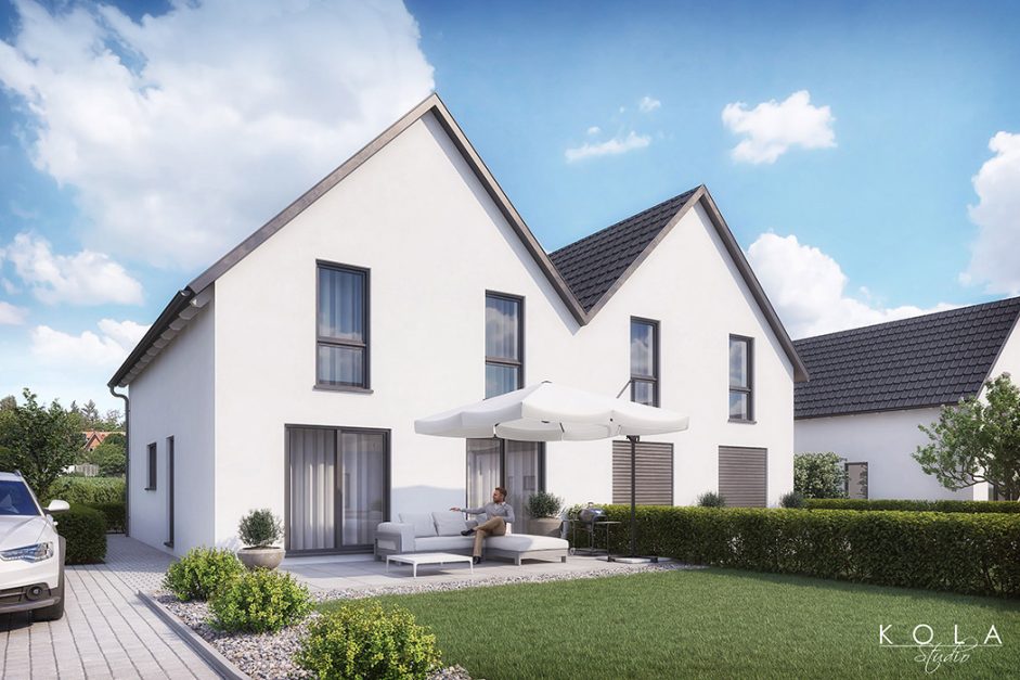 Wizualizacja podmiejskiego osiedla tradycyjnych domów jednorodzinnych w zabudowie bliźniaczej, w widoku od strony ogródków.