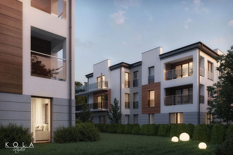 Wizualizacja 3d kameralnego osiedla mieszkaniowego w wieczornym świetle, w widoku od strony ogródków.