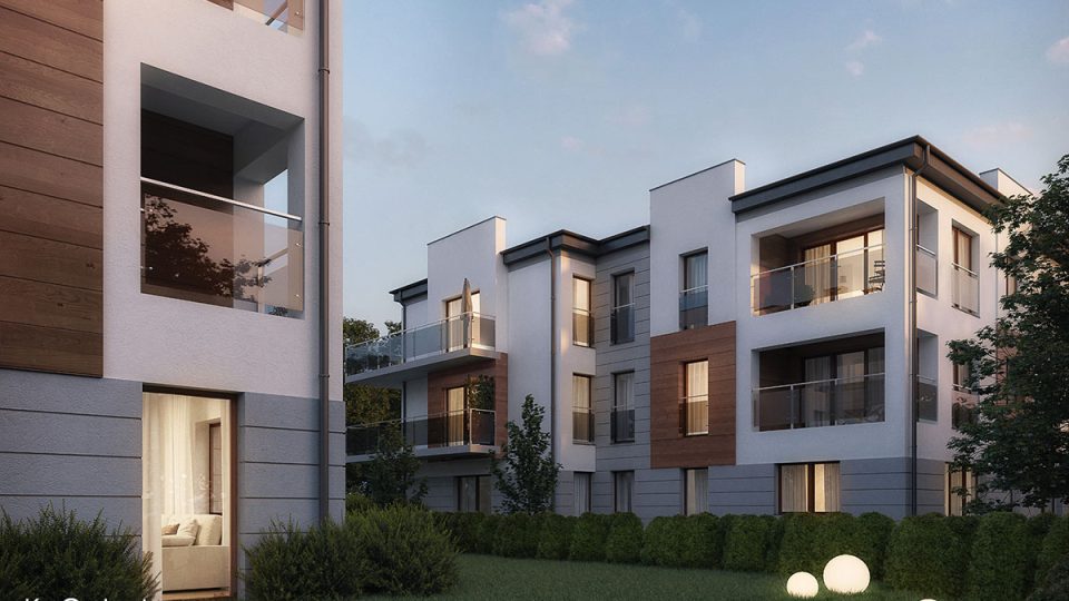 Wizualizacja 3d kameralnego osiedla mieszkaniowego w wieczornym świetle, w widoku od strony ogródków.