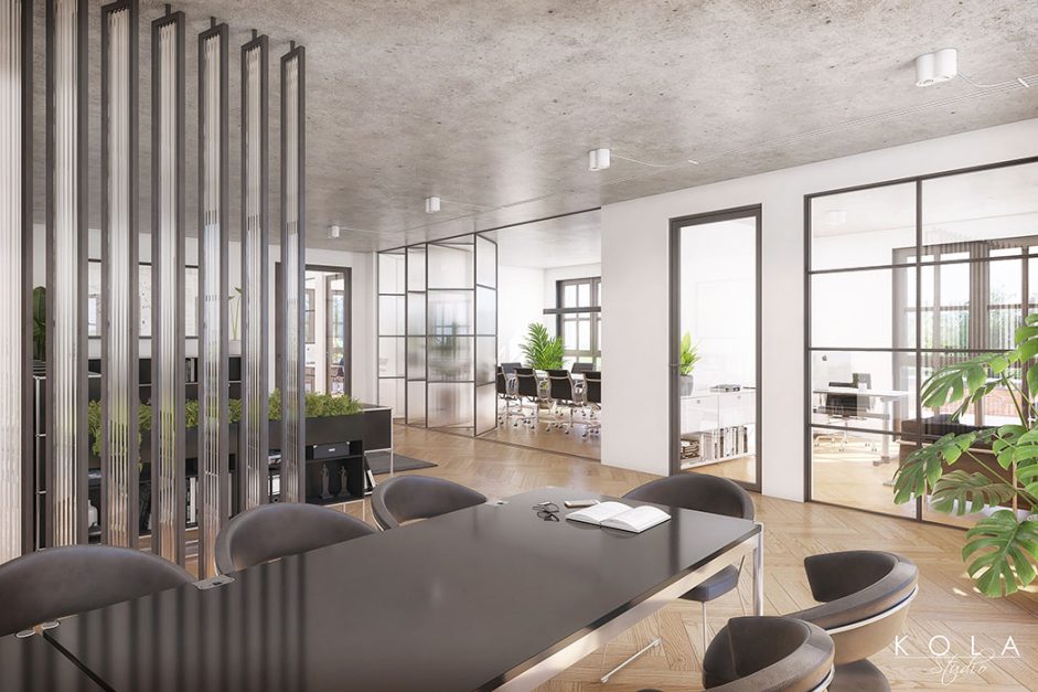 Wizualizacja biurowego wnętrza zaprojektowanego w męskim stylu nowoczesnym industrialnym z betonowym sufitem i eleganckimi meblami wysokiej jakości.