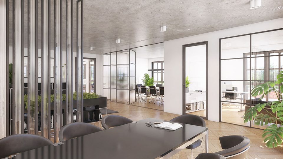 Wizualizacja biurowego wnętrza zaprojektowanego w męskim stylu nowoczesnym industrialnym z betonowym sufitem i eleganckimi meblami wysokiej jakości.