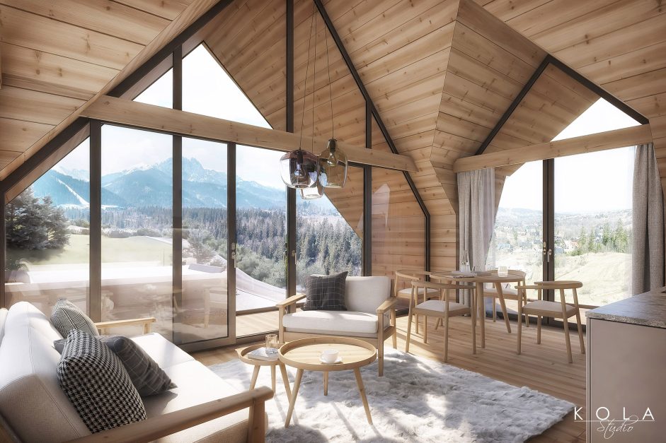 Wizualizacja wnętrza widokowego apartamentu zaprojektowanego w górskim stylu