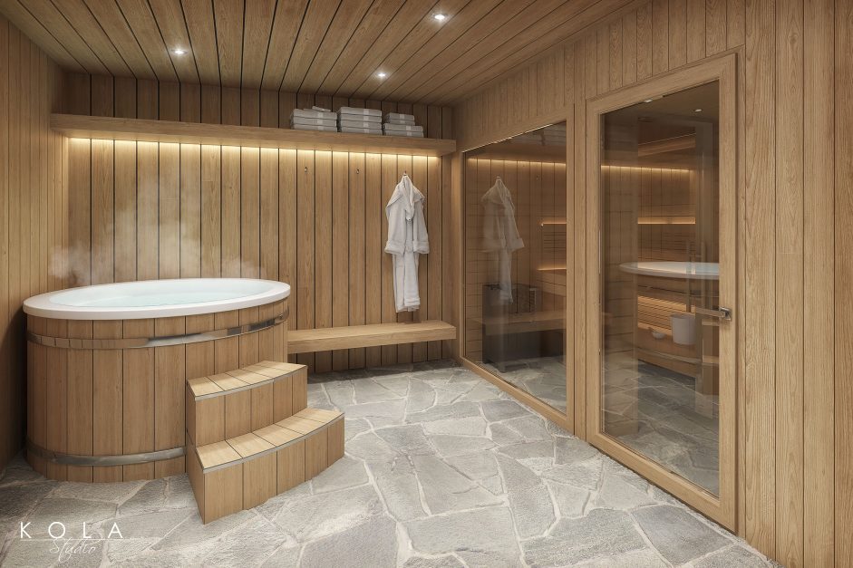 Wizualizacja wnętrza hotelowej strefy wypoczynkowej z banią i sauną, zaprojektowanej w górskim stylu