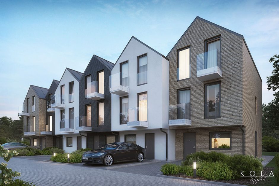 Wizualizacja architektury mieszkaniowej w zabudowie szeregowej, zaprojektowanej w stylu holenderskim, w widoku wieczornym, od strony frontowej.