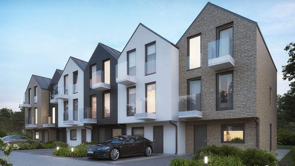 Wizualizacja architektury mieszkaniowej w zabudowie szeregowej, zaprojektowanej w stylu holenderskim, w widoku wieczornym, od strony frontowej.