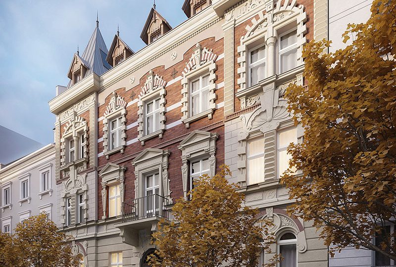 Fotorealistyczna wizualizacja zabytkowej kamienicy w centrum miasta, po planowanym remoncie, pokazanej jesienią w widoku od strony ulicy.