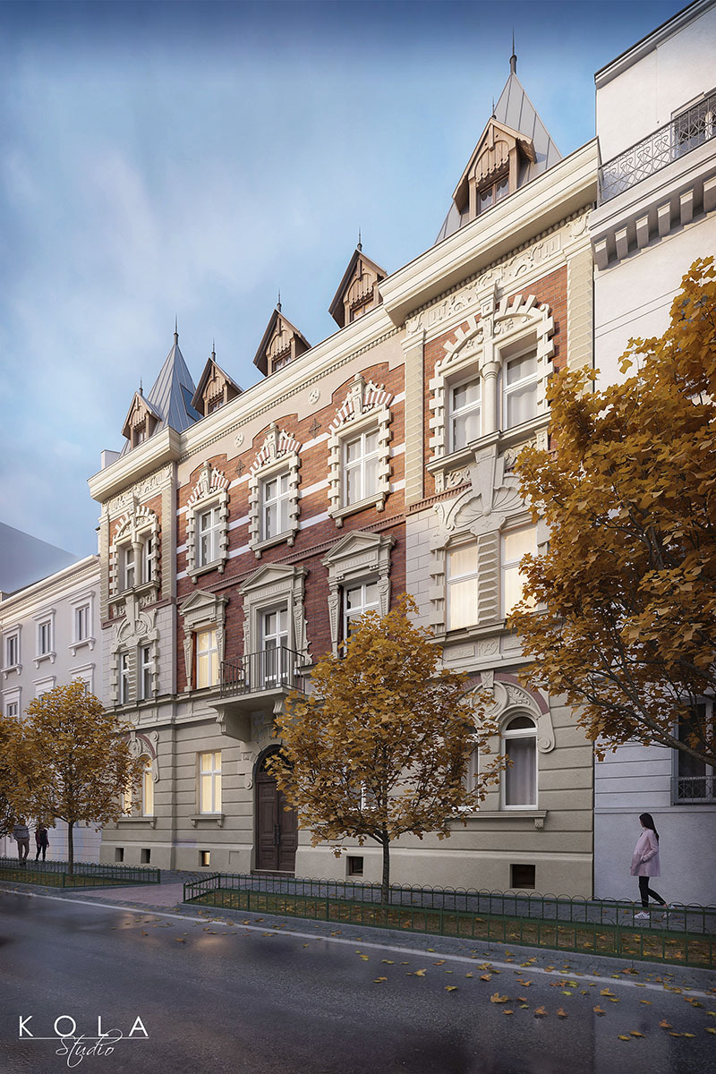 Fotorealistyczna wizualizacja zabytkowej kamienicy w centrum miasta, po planowanym remoncie, pokazanej jesienią w widoku od strony ulicy.