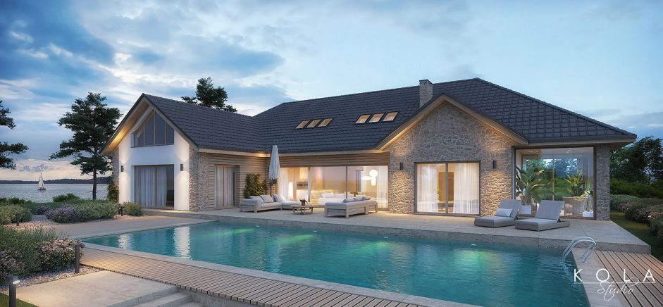 Wizualizacja 3d luksusowego widokowego domu jednorodzinnego z basenem, zimowym ogrodem i dużym tarasem, położonego na Mazurach, zaprojektowanego w nowoczesnym wiejskim stylu, wykończonego naturalnym kamieniem i drewnem