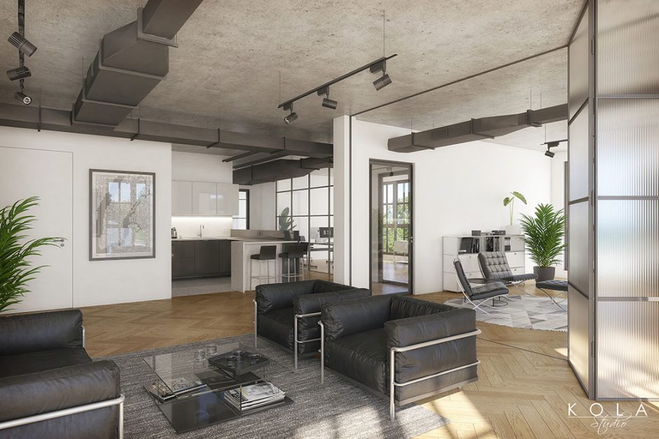 Wizualizacja strefy lounge w biurze zaprojektowanym w stylu nowoczesnym industrialnym z betonowym sufitem i designerskimi meblami wysokiej jakości.