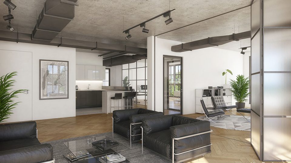 Wizualizacja strefy lounge w biurze zaprojektowanym w stylu nowoczesnym industrialnym z betonowym sufitem i designerskimi meblami wysokiej jakości.