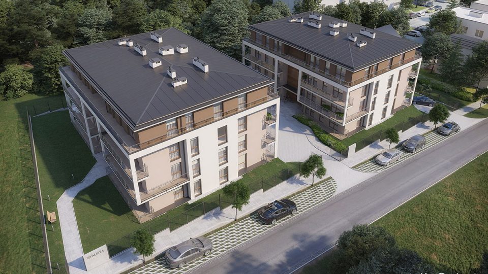 Fotorealistyczna wizualizacja 3d z lotu ptaka dwóch nowych czteropiętrowych budynków wielorodzinnych na nowo planowanym osiedlu mieszkaniowym.