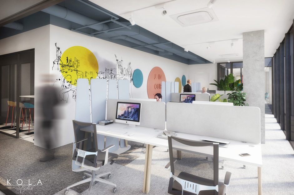 Wizualizacja wnętrz przestrzeni biurowej typu open space, zaprojektowanej w przytulnym stylu nowoczesnym industrialnym