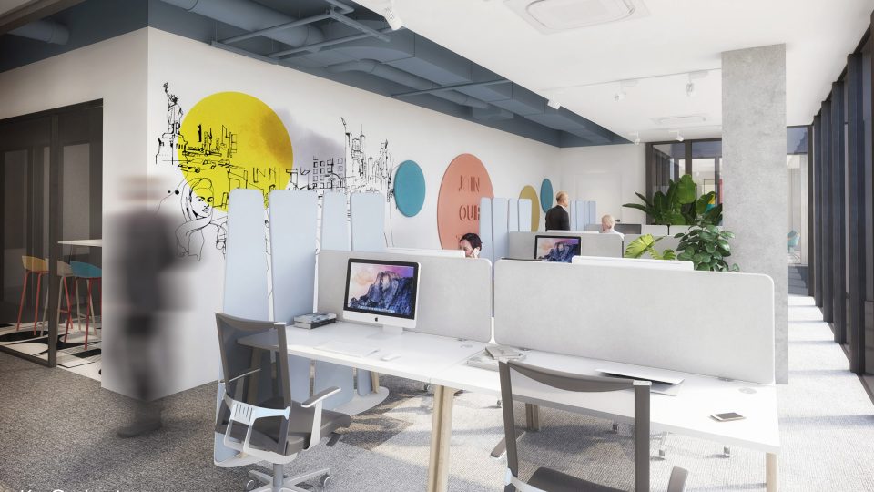 Wizualizacja wnętrz przestrzeni biurowej typu open space, zaprojektowanej w przytulnym stylu nowoczesnym industrialnym