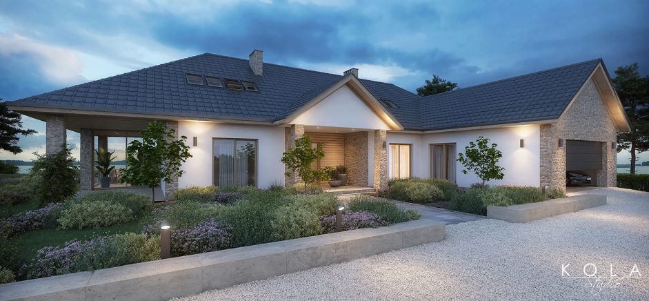 Fotorealistyczna wizualizacja luksusowej mazurskiej willi, zaprojektowanej w nowoczesnym wiejskim stylu, wykończonej naturalnym kamieniem i drewnem