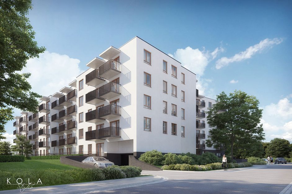 Fotorealistyczna wizualizacja architektoniczna wielorodzinnego osiedla mieszkaniowego promująca nową inwestycję deweloperską